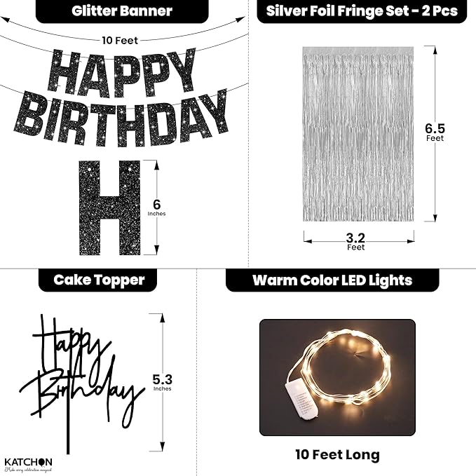 KatchOn, Black and Silver Birthday Decorations Set - Pack of 5 | Glitter Happy Birthday Banner, Silver Backdrop, Led Light, Cake Topper | Happy Birthday Decorations for Men, Women, Girls and Boys