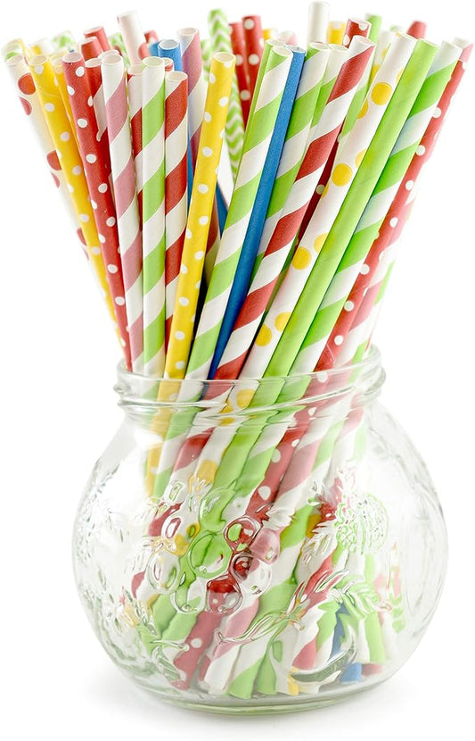 Norpro Paper Drinking Straws, Fiesta (200 Pack), 100% Biodegradable-Assorted Colors & Patterns, Multicolor