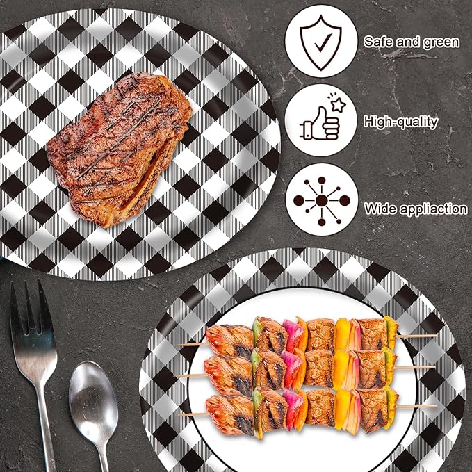 Race Car Gingham Oval Paper Plates 10’’x 12’’, Large Disposable Heavy Duty Black and White Gingham Plaid Paper Plates for Birthday Wedding Baby Shower Tea Party Supplies, 50 Guest