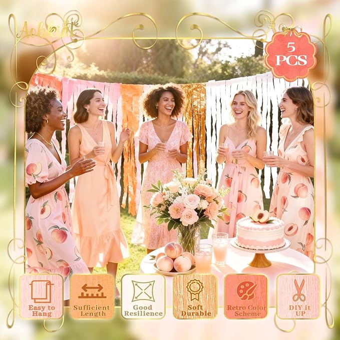 AOBKIAT Streamers Party Decorations,5 Rolls Pastel Pink Gold Orange Crepe Paper Streamers for Little Cutie Baby Shower,Brithday,Wedding,Peach Theme Party,DIY Tassel,1.8 Inch x 82 Ft/Roll