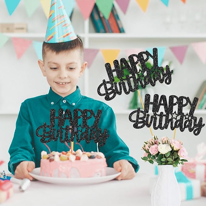 Birthday Centerpiece Sticks 12PCS Black Glitter Birthday Party Table Toppers Happy Birthday Sign Decorations Centerpieces for Anniversary Party Supplies