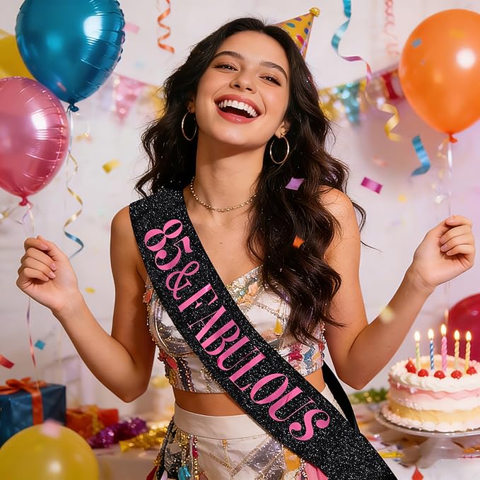 85 & Fabulous Sash, Funny 85th Birthday Sash for Women 85th Bday Party Photo Prop Favors Suppiles, Pink Foil Letter, Glitter Black