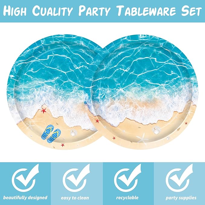 umoni Ocean Waves Plates Summer Beach Birthday Supplies 48 Piece Pool Party Disposable Paper Plates Blue Beach Waves Table Decor for Hawaiian Seaside Holiday Birthday Party Decorations
