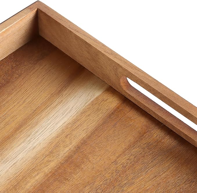 2 Pack Wood Serving Tray, 11.41 x 15.7 Inches Wooden Decorative Trays with Handles for Breakfast, Food, Drinks, Brown, Rectangle