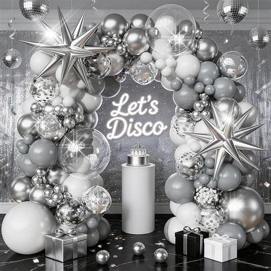 White Silver Balloons Garland Arch Kit, 113pcs White Grey Clear Balloons, Confetti Silver Explosion Star 4D Foil Balloons for Disco Winter Wonderland Holiday Christmas Birthday Ice Snow Party Decor