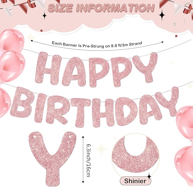 Fulmoon Glitter Pre Strung Happy Birthday Banner No DIY Party Decorations Happy Birthday Sign Decor for Men Women Boy Girls Backdrop(Rose Gold)