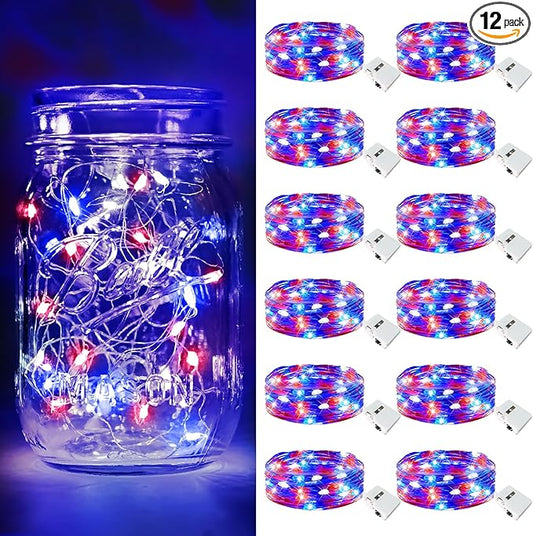 btfarm 4th of July Patriotic Fairy Lights Battery Operated, 12 Pack Red White Blue 3 Modes Twinkle String Lights, 7ft 20 Led Independence Day Mini for Mason Jars Vases Table Centerpiece Decoration
