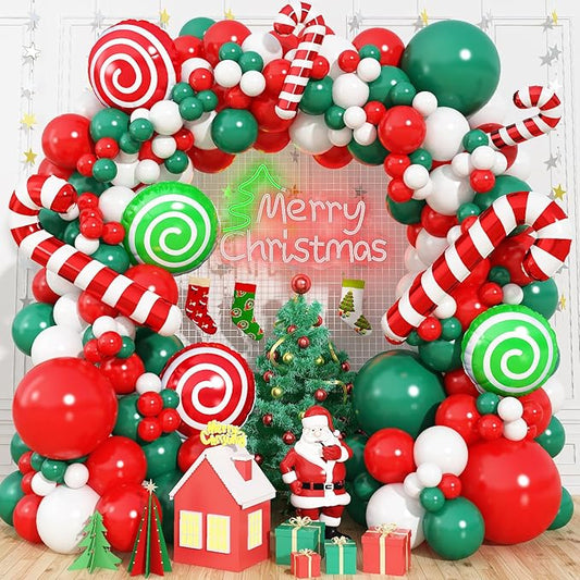 HILAVO Christmas Balloon Garland Arch Kit, 144PCS Red Green White Balloons Candy Cane Foil Balloons for Christmas Winter Holiday New Year Xmas Birthday Party Decorations