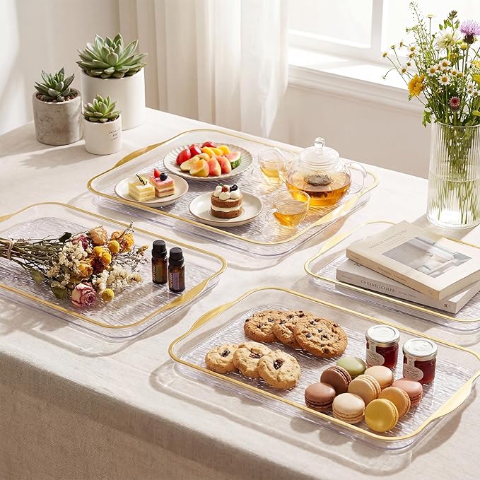 6 Pack Clear Serving Platters with Handles 14.8 x 9.4 Inch Large Party Plastic Serving Trays with Gold Rim Reusable for Food, Cookie, Cake, Turkey, Cheese, Fruit, Appetizer