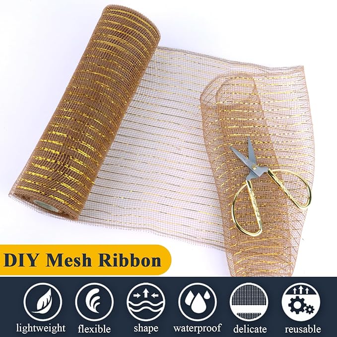 2 Pcs Brown Deco Mesh Ribbon Rolls 10 Inch 10 Yards(30 ft) Decorative Mesh Fabric with Foil for Wreaths Christmas Tree Ribbon Door DIY Craft Halloween Decor Wedding Party Supplies (Brown, 2Pcs)