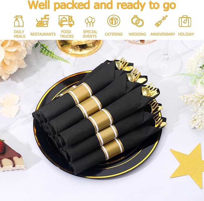 50 Pack Pre Rolled Gold Plastic Silverware Set,Wrapped Plastic Cutlery Set with Napkin Include 50 Forks,50 Spoons,50 Knives and 50 Black Napkins for Party, Wedding,Christmas