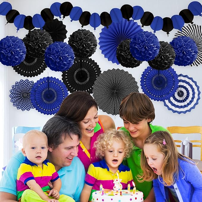 Party Decorations, Black Navy Blue Papar Fans Pompoms Garlands for Men Boy Fathers Day Graduation Wedding Birthday Party Decoration