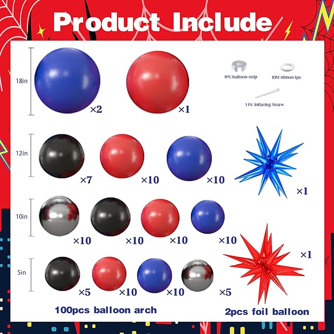 100pcs Hawaii Balloons Garland Arch Kit with Balloons for Birthday Decorations,Party Supplies for boys Girls (Spider)