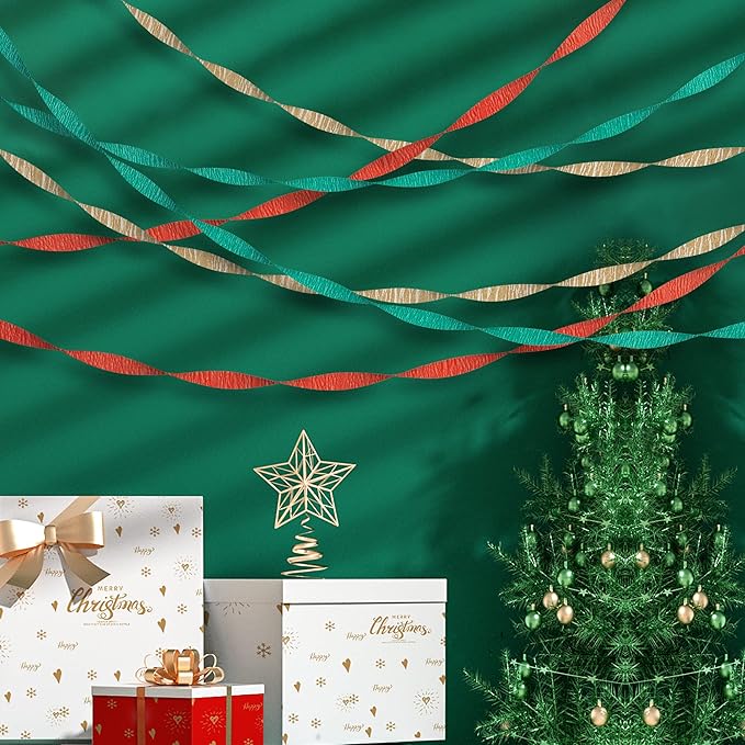 Red and Green Streamers, 8 Rolls 656 Ft Hanging Party Streamers Kit, Red Green Gold White Crepe Paper for Christmas New Year Festival Theme Party Decoration, 1.8 Inch x 82 Ft/Roll