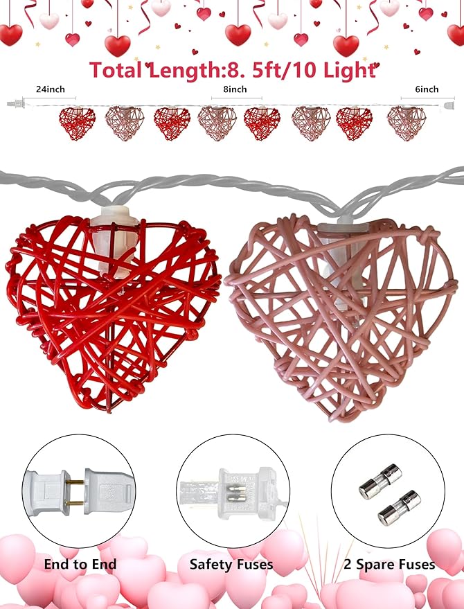 Red and Pink Heart Shape String Lights, 8.5Ft Valentine's Day String Lights with 10 LED Heart Lights, Plug in Hanging Valentines Window Fairy Lights for Indoor Outdoor Wedding Party Valentine Decor