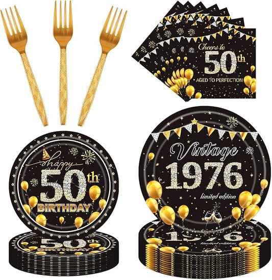 50th Party Tableware Set - 96PCS 50th 1976 Birthday Decorations Supplies Cheers to 50 Years, Paper Plate Napkin Fork Vintage Black Gold Bday Party Decor Supplies Men