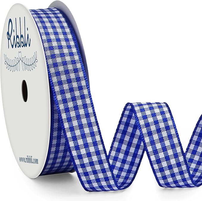 Ribbli Electric Blue and White Gingham Ribbon,100% Polyester Woven Edge,5/8 Inch x 10 Yard,Plaid Ribbon Use for Gift Wrapping,Floral Design,Hair Bows