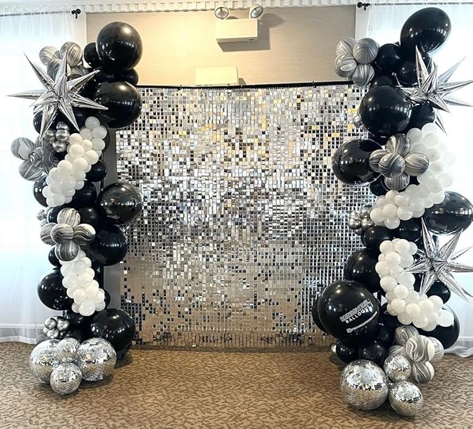 Black and Silver White Balloon Arch Kit, 140Pcs Explosion Star Black and Silver White Balloon 22 18 12 10 5 Inch Different Size Balloons for Birthday Anniversary New Years Party Decorations