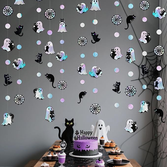 Iridescent Black Halloween Decorations Holographic Ghost Black Cat Spider Web Polka Dot Paper Hanging Garland Streamer Banner for Halloween Birthday Baby Shower Bachelorette Wedding Party Supplies