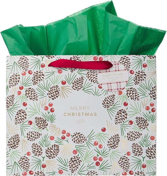 Christian Art Gifts Large Landscape Inspirational Scripture Holiday Festive Gift Bag, Tag & Wrapping Tissue Paper Set for Men & Women: Merry Christmas, Satin Ribbon Handles, Multicolor Pinecone & Gold