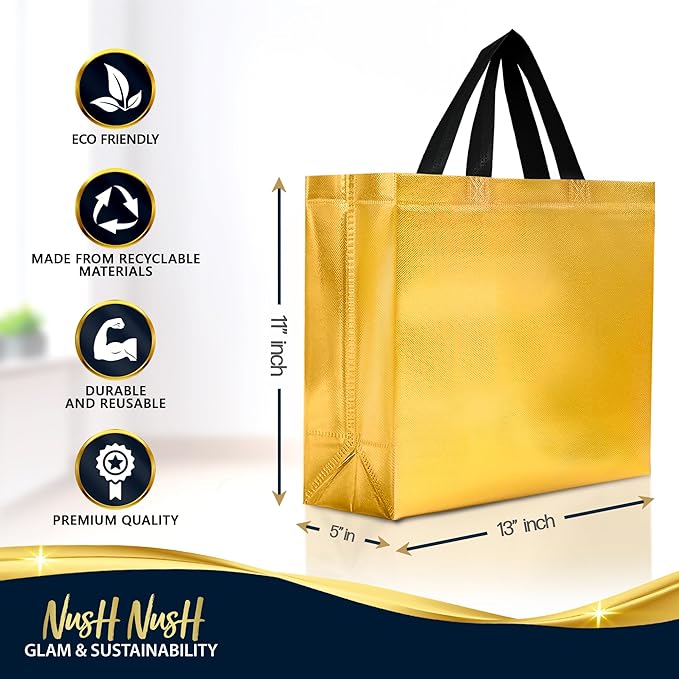 Nush Nush Large Mix Color Gift Bags Bulk - Set of 30 Reusable Gift Bags with Handles (10 of Each Rose Gold, Silver, and Gold) - Large Goodie Bag for Birthday, Bachelorette, Christmas, Events - 13X5X11