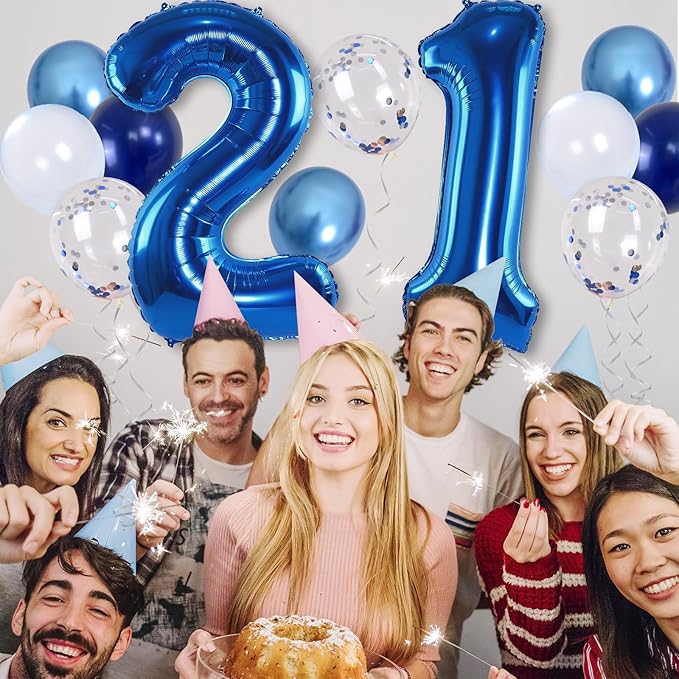 Foil Number Balloons 21, 40'' 21st Birthday Balloon with Pastel Navy Dark Blue Silver Confetti Helium Balloon, Self Inflating Big 21 Balloon Number for Men Birthday Party Anniversary Decor Supplies