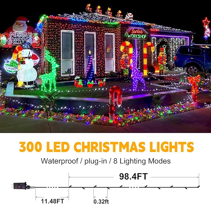 FLVOECN 98Ft 300LED Christmas Lights Outdoor Decorations 8 Modes & Memory Timer Christmas Lights with Plug in Waterproof Fairy String Lights for Xmas Wedding Party Holiday Decor