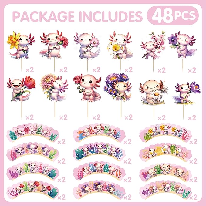 Pink Axolotl Birthday Decorations -48 Pcs Cute Cartoon Animal Axolotl Theme Cupcake Toppers Wrappers Set, Happy Birthday Party Baby Shower Supplies Photo Background Table Decor for Girls Kids