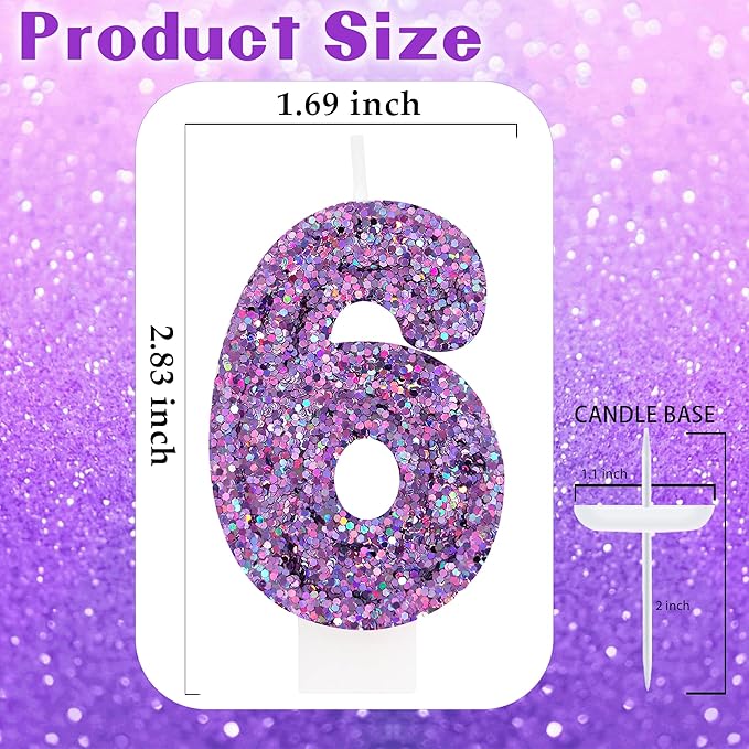 Deep Purple Glitter Birthday Candles for Girls - Number 6 Candle Cake Topper for Purple Fairy Birthday Party Decorations
