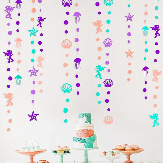 52 Ft Mermaid Party Decorations Purple Teal Coral Garland with Jellyfish Seashell Starfish Pearl Lavender Aqua Paper Streamer for Under The Sea Little Mermaid Theme Birthday Bachelorette Baby Shower