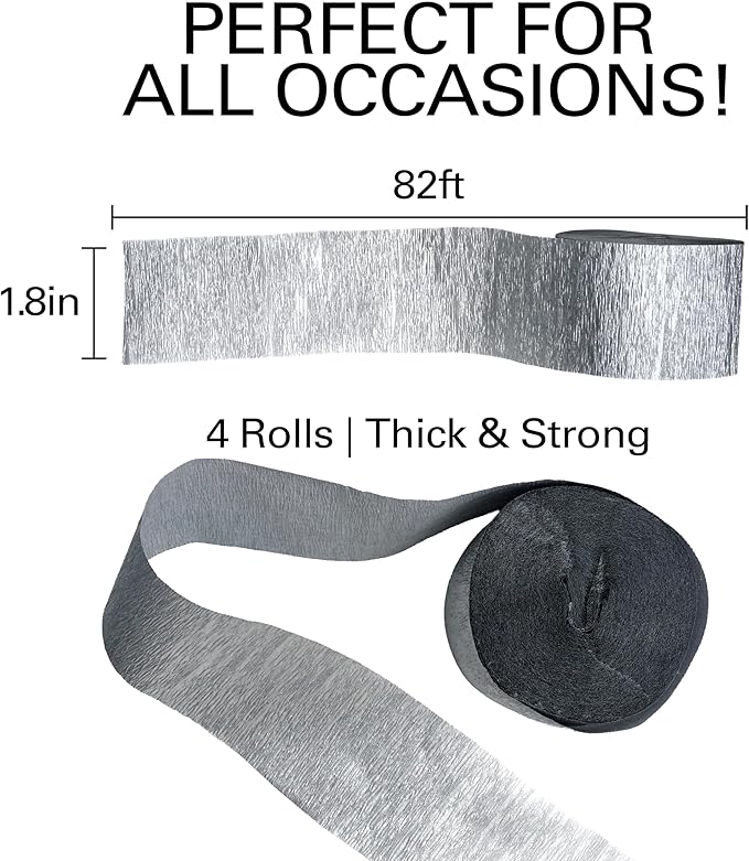Silver Streamers 4 Rolls, 328 Ft Silver Crepe Paper, Streamer Party Decorations for Birthday, Wedding, Showers (1.8 in x 82 ft/Roll)