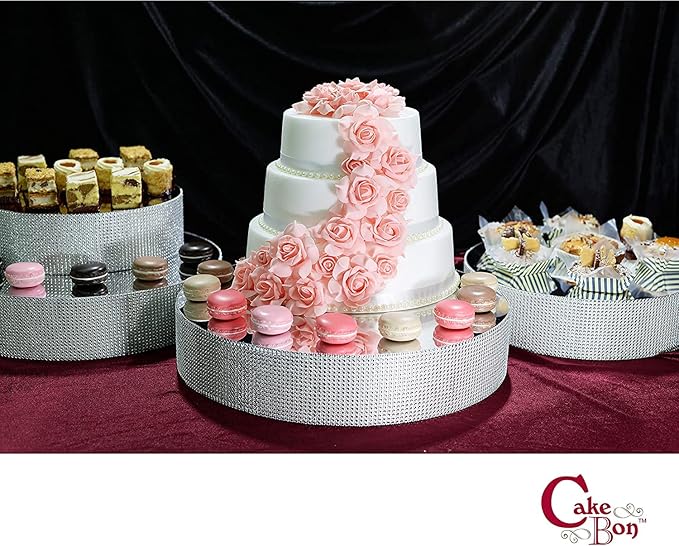 Cakebon Cake Stands - 13.5" Silver with Faux Rhinestones for Cakes and Pastries - Lightweight Polystyrene Foam for Party, Sturdy Wedding Cake Stand