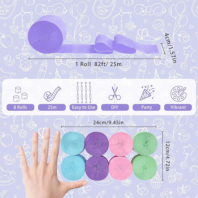 8 Rolls Crepe Paper Streamers, Blue, Purple, Pink and Green Streamers Party Decorations for Mermaid Party Birthday Baby Shower Bridal Shower Wedding Lavender Party