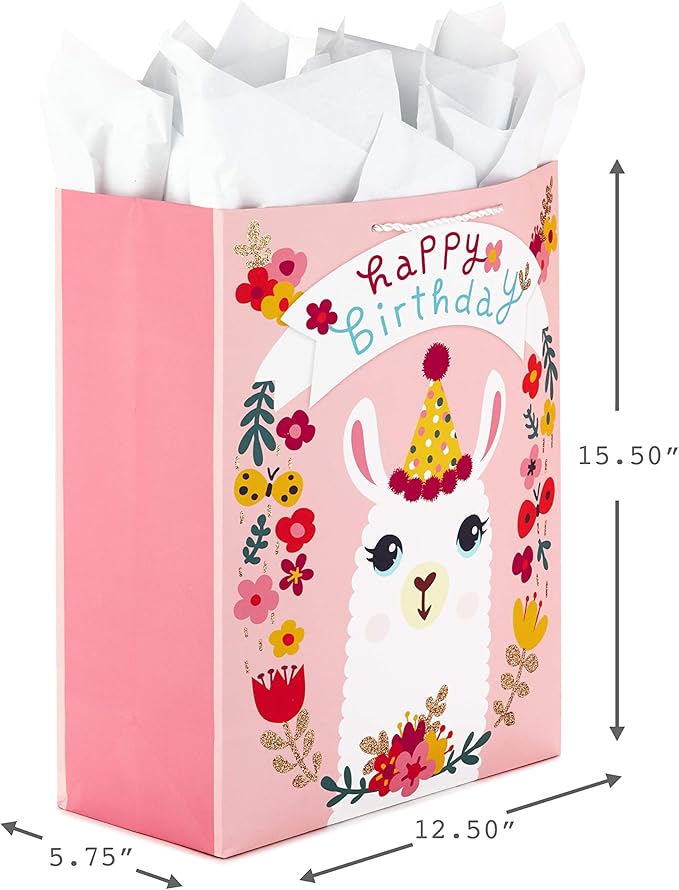 Hallmark 15" Extra Large Gift Bag with Tissue Paper for Birthdays (Llama and Flowers)