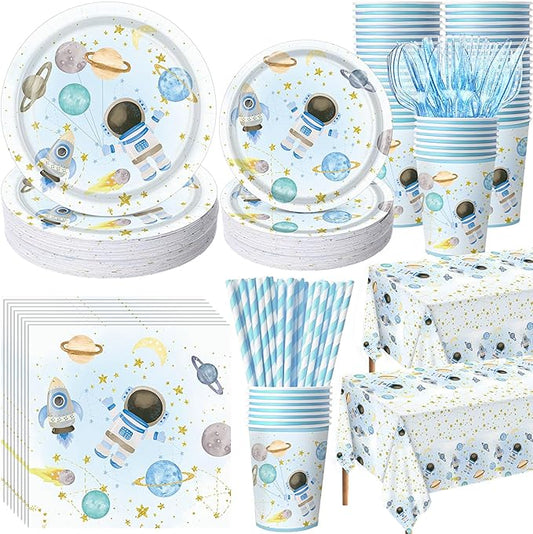 Potchen 452 Pcs Party Supplies Serve 50 Guests, Paper Plates Napkins Cups Cutlery Plastic Tablecloth Dinnerware for Birthday Wedding Party Decoration (Baby Blue, Space)
