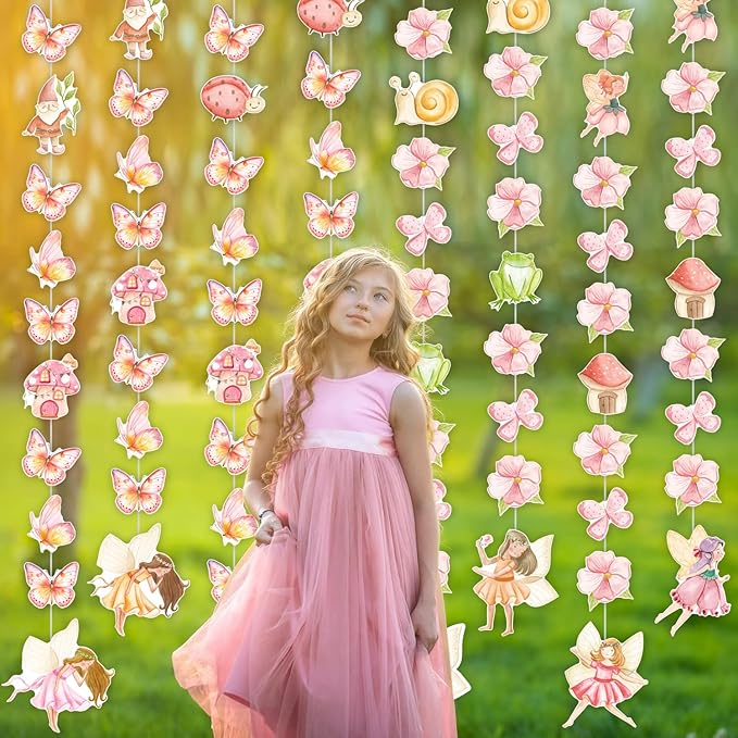Fairy Birthday Party Decorations 8PCS Fairy Garlands Fairy Theme Party Supplies Butterfly Flower Mushroom Elf Hanging Cutout Garland Banner Streamer for Fairytale Garden Baby Shower Wall Ceiling Decor