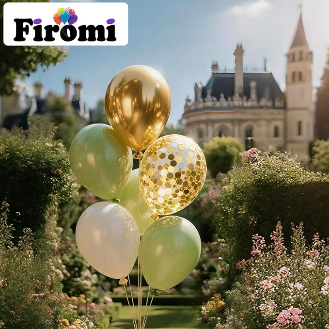 Firomi Metallic Chrome Gold and Sage Sand Latex Balloons Set 12-inch 70 Pack and Gold Confetti Party Latex Balloons for Birthday Wedding (with 2 Ribbons)