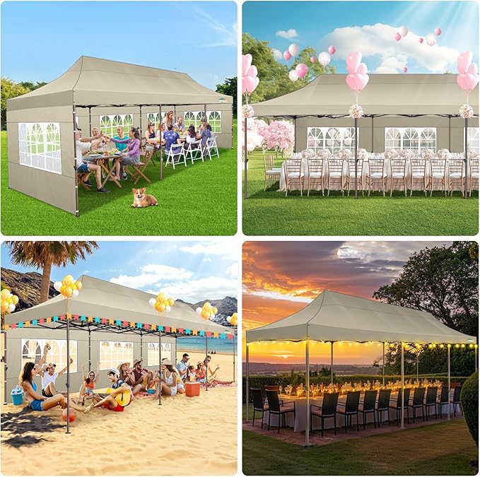 COBIZI 10x30 Pop Up Heavy Duty Canopy with 8 Sidewalls and Hexagonal Legs, Easy up Tent for Party, Wedding and Commercial, Outdoor Canopy with Carry Bag, Waterproof & UPF50+ (Khaki)