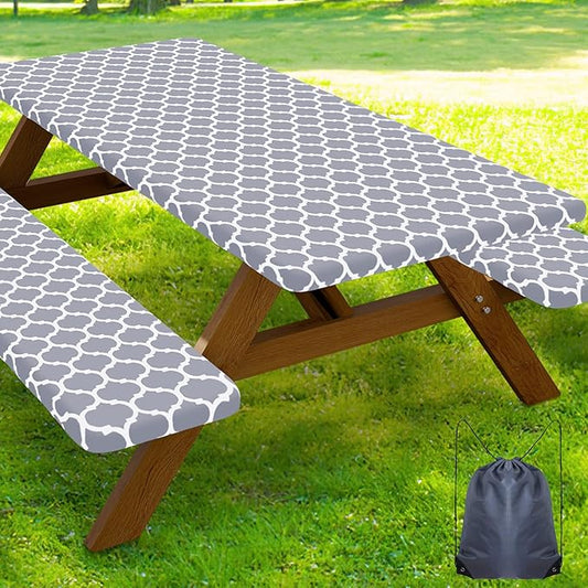 Smiry Picnic Table Cover with Bench Covers, Waterproof Elastic Fitted Tablecloth for 5 Foot Tables, Washable Polyester Tablecloths for Camping, Indoor & Outdoor (Grey, 30x60 Inch 3-pc Set)