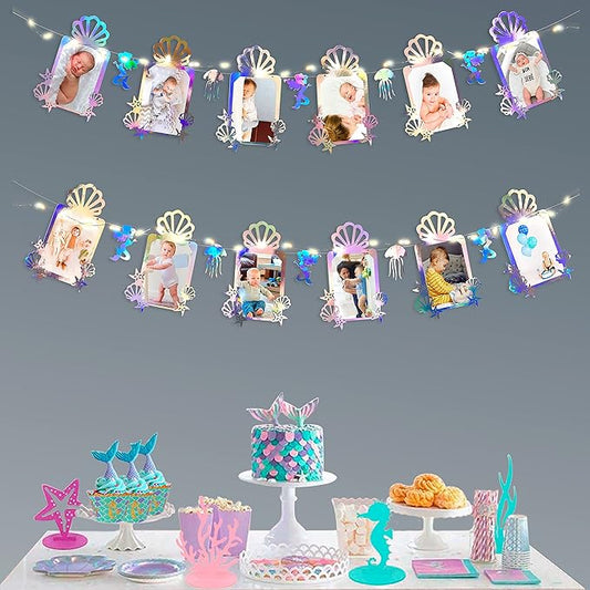 Iridescent Mermaid Photo Banner 4"x6" Jellyfish SeaShell Starfish Photograph Bunting with LED String Light for Little Mermaid Under The Sea Baby Kid Birthday Bachelorette Anniversary Party Decorations