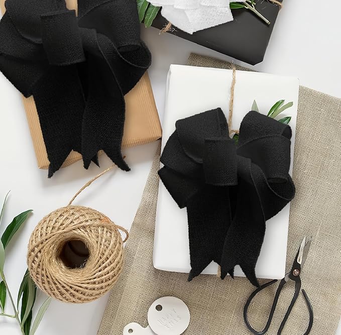 Black Burlap Ribbon 2 inch X 10 Yard Natural Burlap Woven Ribbons DIY Handmade Edging Production Wreath Holiday Decoration Gift Ribbon for Gift Wrapping Jute Linen Black Ribbons
