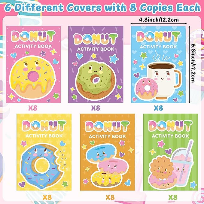 Donut Activity Books for Kids - 24Pcs Cute Doughnut Mini Game Coloring Booklet Bulk Maze Word Scramble Word Search Games for Birthday School DIY Activity Supplies Classroom Reward Goodies Bag Stuffer