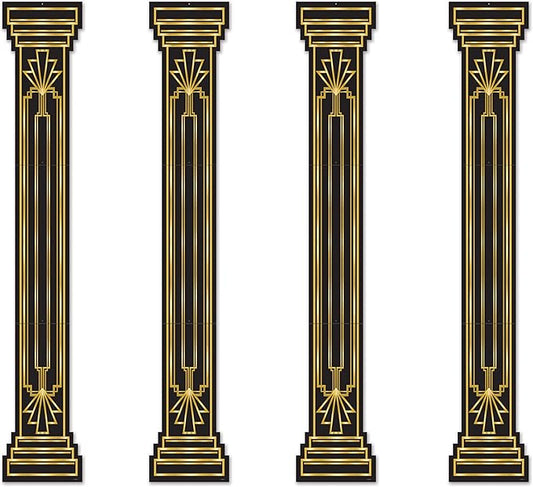 Beistle 4 Piece Roaring 20's Column Pull Down Cut Outs 1920's Theme Awards Night Party Decorations, Black/Gold