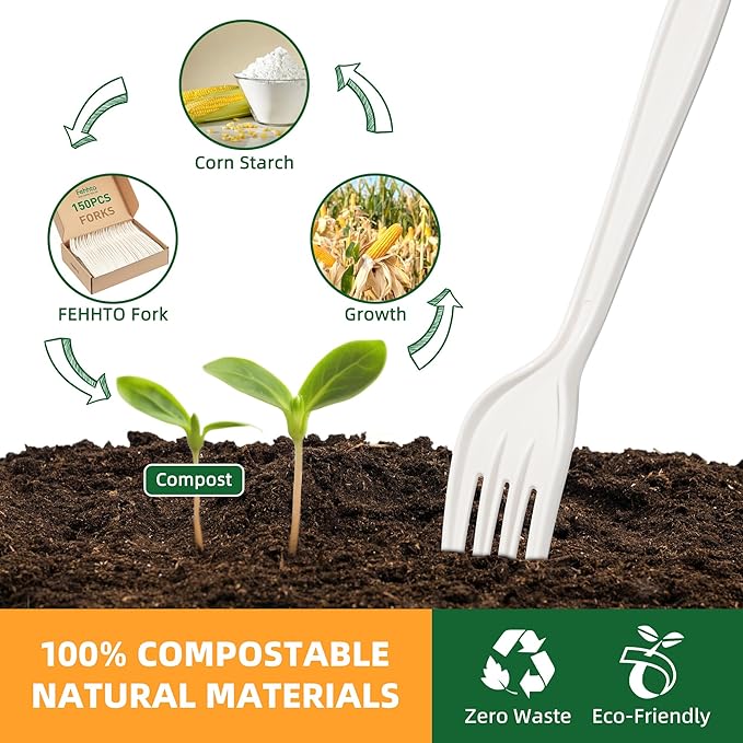 100% Compostable Fork, 7" Disposable Cornstarch Forks Heavy Duty Cutlery BPI Certified Eco-Friendly Utensils Biodegradable Party Dinner Supplies No Plastic-150pcs Forks