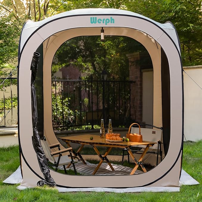 Werph 6x6 Pop Up Screen Tent, Mosquito Net Gazebo, UV Resistant Roof Waterproof Screen Canopy, Quick Setup Outdoor Shelter for Backyard, Patio, Garden, Picnic, Camping and Events, Beige