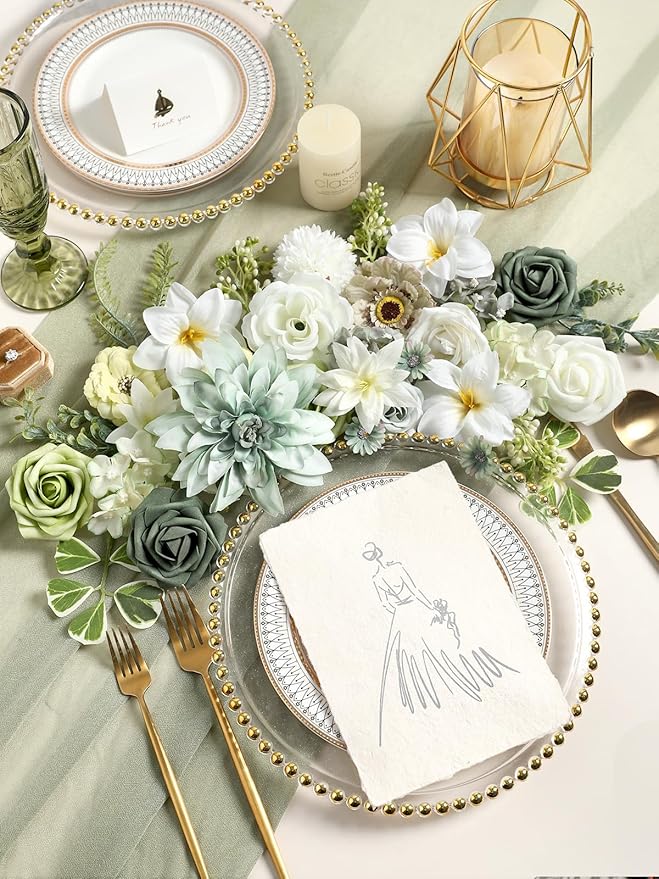Artificial Flowers Combo Forest Green Silk Fake Flower for DIY Wedding Bridal Bouquets Floral Arrangement Birthday Cake for Table Centerpieces Baby Shower Anniversary Party Home Decor