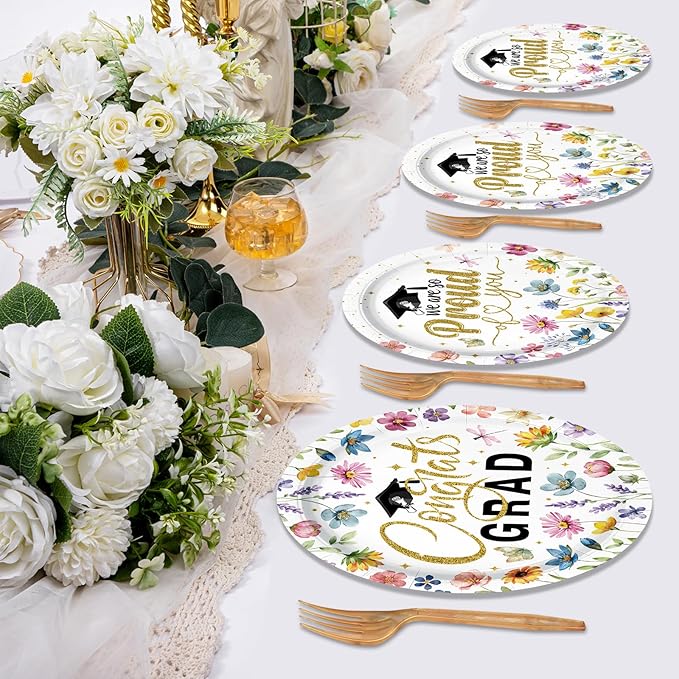 100 Pcs Floral Graduation Party Tableware Set – Disposable “Congrats Grad” Paper Plates and Napkins with Wildflower Design for Graduation Party, School and Home Celebrations – Serves 25