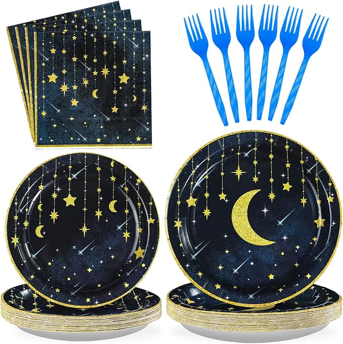 Grencian Gold Star Moon Party Supplies - 96Pcs Moon and Stars Party Supplies Plates and Napkins Navy Blue Celestial Hanging Crescent Disposable Tableware for Celestial Birthday Decorations Serve 24