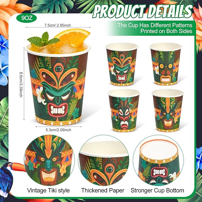 100 Pcs Tiki Cups 9 oz Disposable Tiki Bar Cups Bulk Vintage Paper Hawaiian Luau Party Decorations for Kids Adults Beach Summer Swimming Pool Tropical Aloha Drinking Supplies