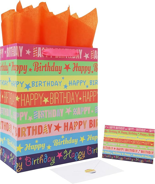 Qirrmiy 13'' Large Happy Birthday Gift Bag Set with Handles, Greeting Card, Tissue Papers and Stickers for Girls Women Kids Teens Boys Men, Words Design, 1 Pcs